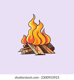 Vector cartoon icon illustration of a campfire, with a flat design for firewood, warming up a cold body, an activity while hiking and camping