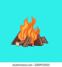 Vector cartoon icon illustration of a campfire, with a flat design for firewood, warming up a cold body, an activity while hiking and camping