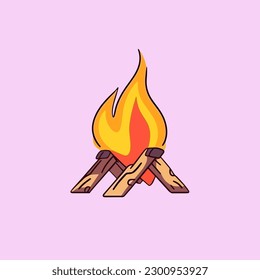 Vector cartoon icon illustration of a campfire, with a flat design for firewood, warming up a cold body, an activity while hiking and camping