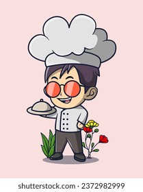 Icono vectorial de caricatura Ilustración de un chef con gafas anaranjadas, en un gran sombrero sirviendo comida. Concepto aislado de ícono de alimentación de vectores Premium. Estilo de dibujo plano