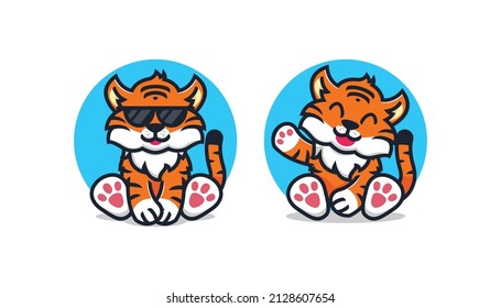 Ilustración de icono de dibujos vectores sentada tigre lindo. Vector premium aislado premium Concepto de icono de naturaleza animal. Estilo de caricatura plano