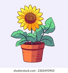 Vector cartoon icon illustration of sunflowers in a pot, with a flat style suitable for plants with beautiful colors and lovely, fragrant yellow flowers that are highly favored by many women