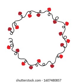 Vector cartoon icon, illustration of tangled wire round frame with red heart lights, decorations for Valentines Day design.
