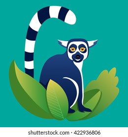 Vector cartoon icon lemur in the grass on blue background