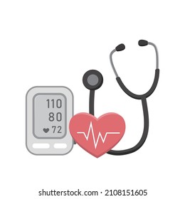 Vector cartoon icon of measuring blood pressure, sphygmomanometer with stethoscope and heartbeat
