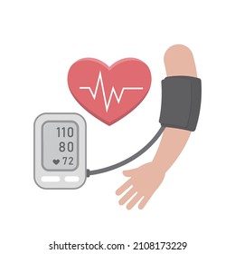 Icono de la caricatura vectorial para medir la presión arterial, esfigmomanómetro con latido y brazo
