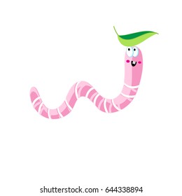 Vector cartoon icon of pink worm on white background