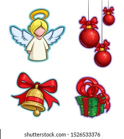 Vector Cartoon Icon set of an Angel, tree Hanging Christmas Balls Bell and a Gift. Illustrations Lines, Color, Shadows and Lights neatly in well-defined layers & groups