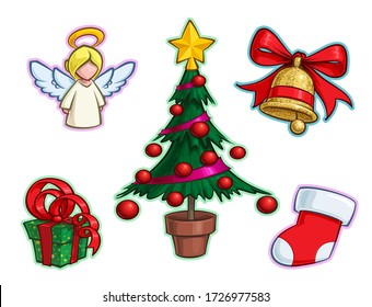 Vector Cartoon Icon set of an Angel, Christmas Tree, a red Ribbon Gift a Golden Glitter Bell and Stocking. Illustrations Lines, Color, Shadows and Lights neatly in well-defined layers & groups