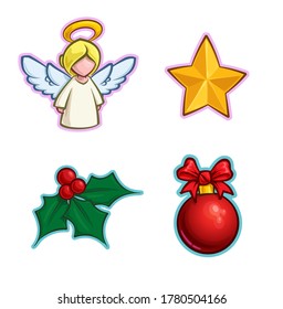 Vector Cartoon Icon set of an Angel, a Star, a Holly Mistletoe and a red Christmas Ball. Illustrations Lines, Color, Shadows and Lights neatly in well-defined layers & groups
