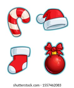 Vector Cartoon Icon set of a Candy Cane, a Red Santa Hat, a Stocking and a Red Ribbon Christmas Ball. Illustrations Lines, Color, Shadows and Lights neatly in well-defined layers & groups