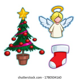 Vector Cartoon Icon set of a Christmas Tree, a Little Angel and a Red Stocking. Illustrations Lines, Color, Shadows and Lights neatly in well-defined layers & groups