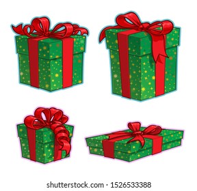 Vector Cartoon Icon set of Four Green Wrapped Present Boxes with Red Ribbon Bows in various sizes. Illustrations Lines, Color, Shadows and Lights neatly in well-defined layers & groups