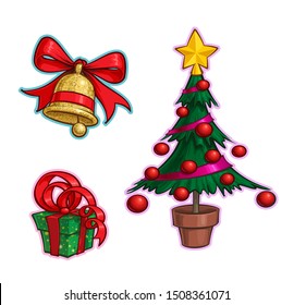 Vector Cartoon Icon set of a Glitter Golden Christmas Bell, a red Ribbon Gift Box and a Christmas Tree. Illustrations Lines, Color, Shadows and Lights neatly in well-defined layers & groups