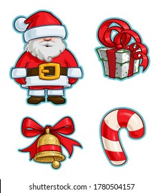 Vector Cartoon Icon set of Santa Claus, a Green Wrapped Red Ribbon Bow Gift, a Christmas Bell and a Candy Cane. Illustrations Lines, Color, Shadows and Lights neatly in well-defined layers & groups