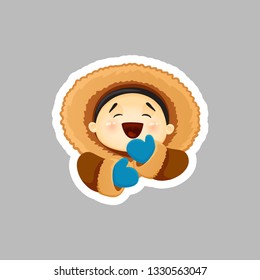 Vector cartoon icon sticker cute child Eskimo, Inuit, Chukchi, northern people, Canadian, from Canada, Alaska, Chukotka, Indian, laughing emoji smiley, funny laughing baby in fur coat and mittens eps 