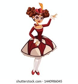 Vector cartoon icon of a young girl in a national costume of Columbine with a raised hand in lace, Venetian carnival, Italian mask, festive hairstyle, pearl earring, a bow around the neck harlequin, 