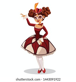 Vector cartoon icon of a young girl in a national costume of Columbine with a raised hand in lace, Venetian carnival, Italian mask, festive hairstyle, pearl earring, a bow around the neck harlequin, 