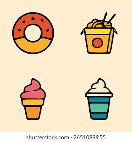 Vector cartoon icons of donut, noodles, ice cream cone and milkshake on pastel background