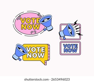 Vector cartoon icons featuring "Vote Now" messages in various colorful designs, each paired with a blue megaphone for promoting campaigns, elections, or community polls