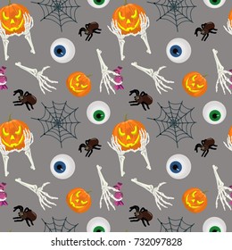 Vector cartoon icons of pumpkin, eye, spider and web, skeleton. Design elements for Halloween party poster. Objects isolated on a gray background.