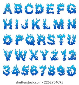 Vector cartoon icons set of blue flaming numbers.