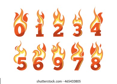 vector cartoon icons set of orange Flaming Numbers. Pictures isolate on light background. Illustrations for your personal emblems or logo design