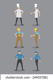 Vector cartoon icons of three occupations, chef, construction worker and security guard in uniform and head wear, standing in front and profile view.