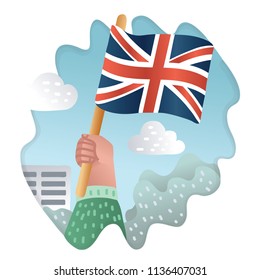 Vector cartoon iillustration of english flag hold in human hand. Outdoor background. Fans, patriotic concept on outdoor background.