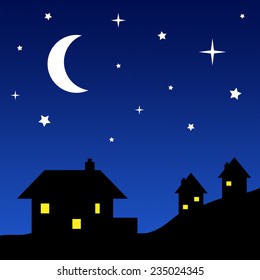 Vector cartoon illlustration three silhouette houses at night under starry blue gradient sky  In the sky are bright white stars   large crescent moon  EPS 10 