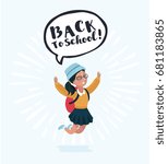 Vector cartoon illsatation of Happy child Back to school. Little cute girl with glasses is jumping. Bubble speech with hand drawn text. Isolated character with text on white