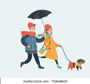 Vector cartoon illstration of couple outdoor walk under umbrella in rain with dog. Fall, autumn. Charachters on white background