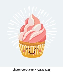 Vector cartoon illstration of Fun smiling cupcake. Bakery and pastry cartoon character on white background