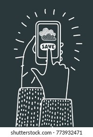 Vector cartoon illuatration of cloud computing and communication technology concept with mobile phone. Hand hold the phone