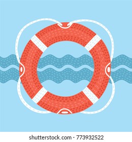 Vector cartoon illuatration of Lifebuoy with rope with shapes of waves.