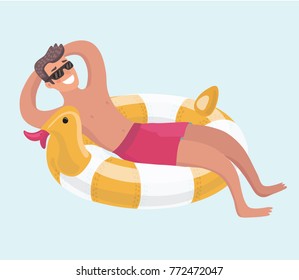 Vector desenho animado ilusão de homem descansando no anel de borracha vermelho flutuante na água da piscina. Descanso de verão. Férias no mar. Caractere em plano de fundo isolado