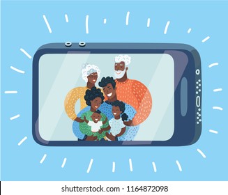 Vector cartoon illusrtation of Happy african american, black family taking self portrait with smartphone during Christmas at home. Video call chat.