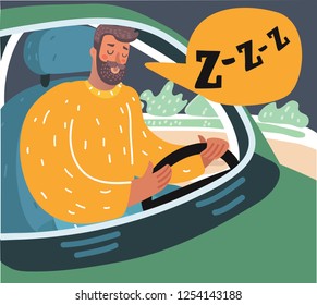 Vector cartoon illusstration of a tired man sitting in traffic. Sliping driver.