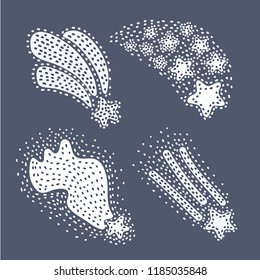 Vector cartoon illustarion of Falling comets or shooting stars, meteorite set, comet fantasy fall on dark sky background. Black and white Salute, firecracker, elements.