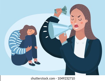 Vector cartoon illustation of angry upset mother character scolds her crying naughty teenager daughter. Family conflict. Parents and children. Woman boss.