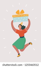 Vector cartoon illustation of Cheerfull woman having fun. Jumping on white background. Big box gift above her hea. Human character on white background.