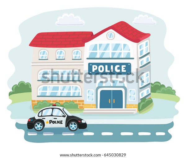 Vector cartoon illustation of city police\
station department building in landscape with policeman and police\
car in isolated on summer town\
background