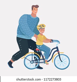 Vector cartoon illustation of Father teaching his son to ride a bicycle. Parent fatherness concept. Human male characters on white background.