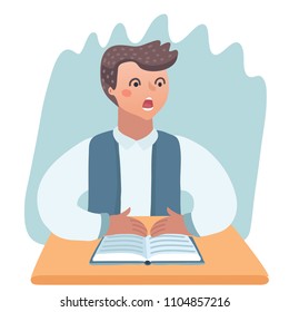 Vector cartoon illustation of frightened boy in class kid doing homework or sitting on boring school lesson.