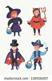 Vector cartoon illustation of Happy excited kids in Halloween costumeson white background.