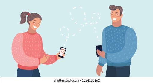 Vector cartoon illustation of Man and woman use mobile phones and gadgets to talk each oter by Mobile messenger. Human characters on isolated backround.