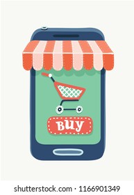 Vector cartoon illustation of Mobile phone store concept. Awning. Striped red and white sunshade on it. Supermarket cart and buy button on display. Object on white background.