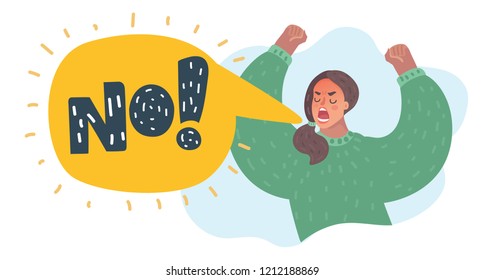 Vector cartoon illustation of No furious screaming woman. Rebel anngry woman roar. Speech balloon with scream exclemation.