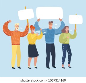 Vector cartoon illustation of People on strike waving banners picketing, shout ft loudspeacker and protesting against something. Male and famale characters on white isolated backgound.