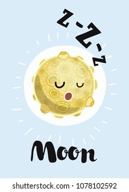 Vector cartoon illustation of Sleeping nap moon with funny face in night isolated on white background. Sniffing, sprinkling, whistling sound on white background. Hand drawn letterng name.